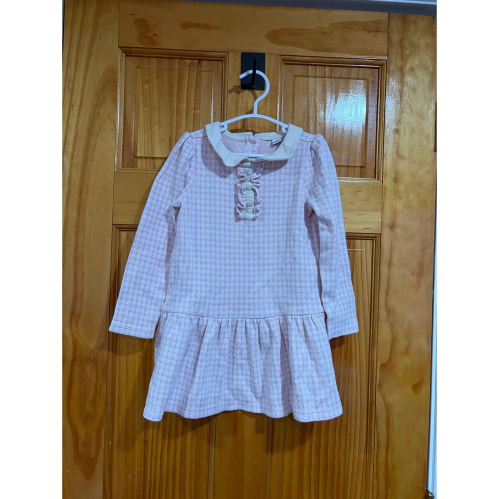 Janie and Jack Girls Pink Cream Houndstooth Dress Size 4 Cotton Long Sleeve